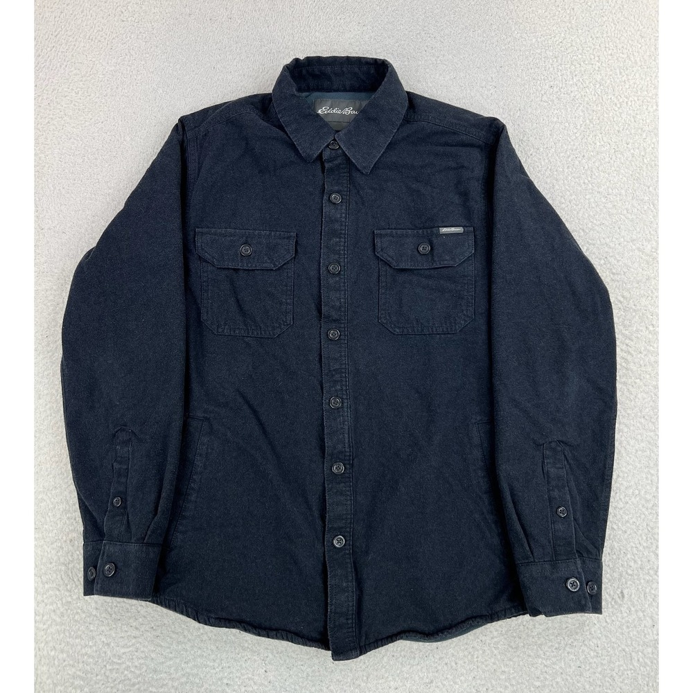 Eddie Bauer Shirt Jacket Mens Medium Gray Flannel Quilted Fleece Lined Outdoor